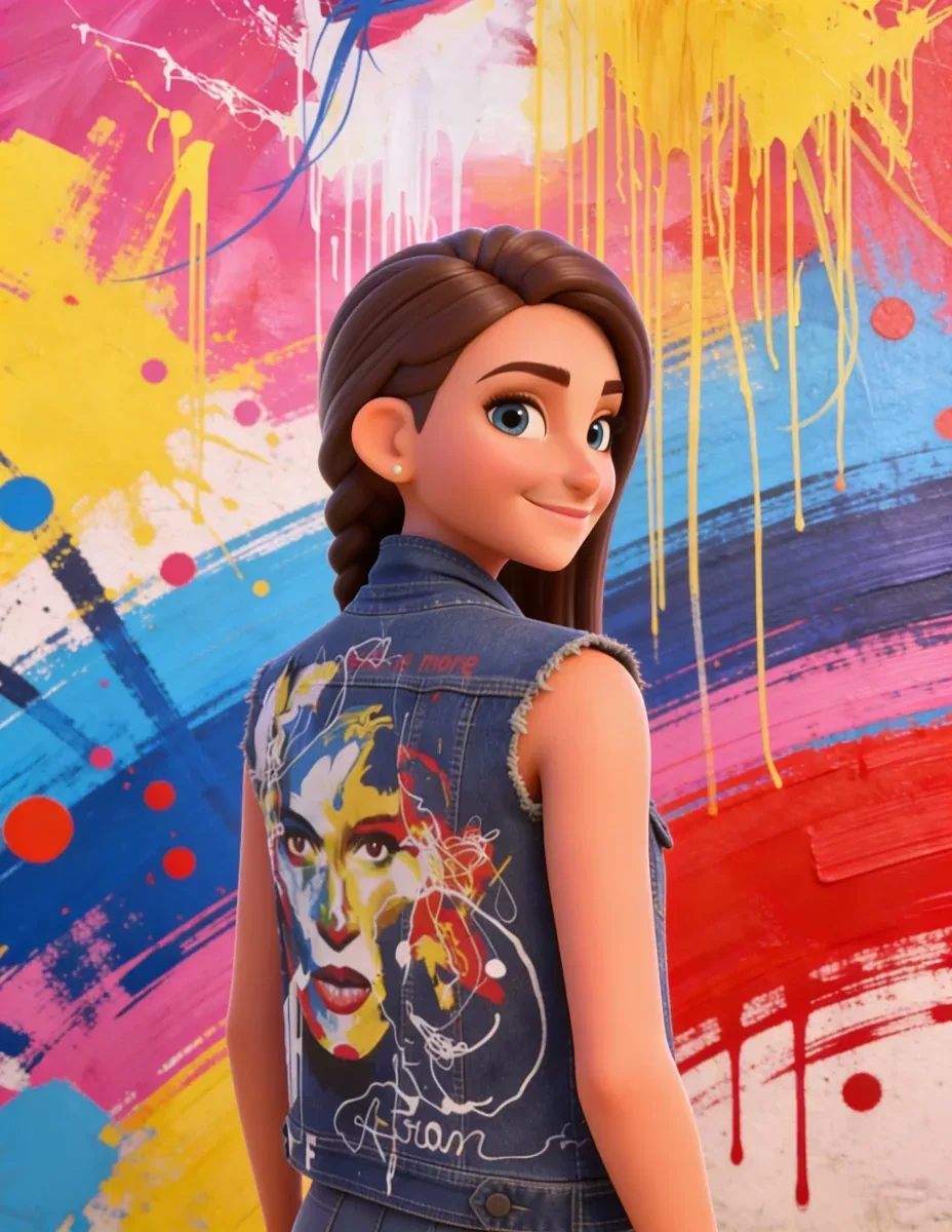 Avatar illustrato di Francesca Buono di spalle davanti a un muro coperto di schizzi di colore, con l'illustrazione stampata sulla giacca