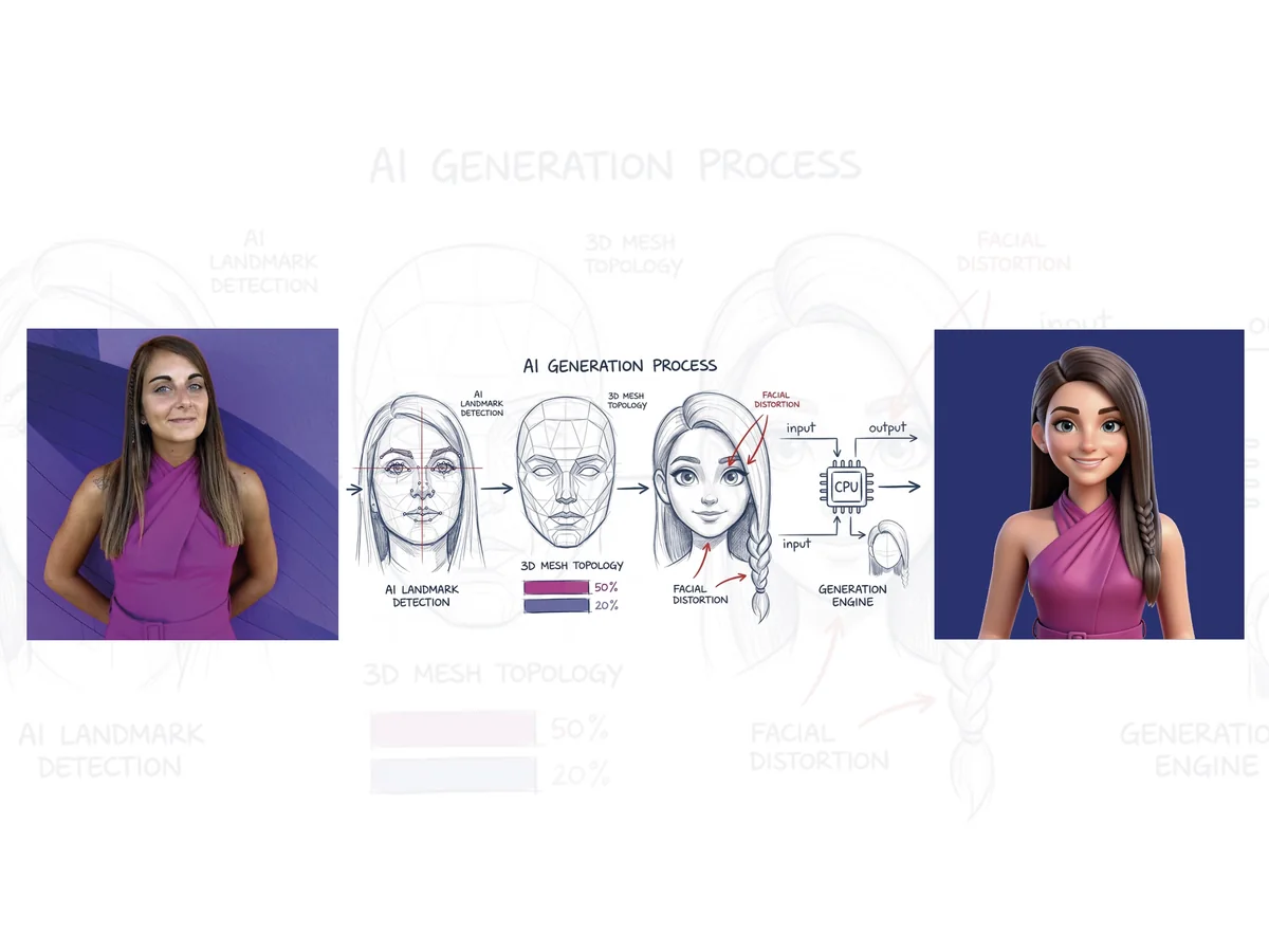 Tavola del processo di generazione AI: dalla fotografia agli schizzi del volto fino all’avatar 3D