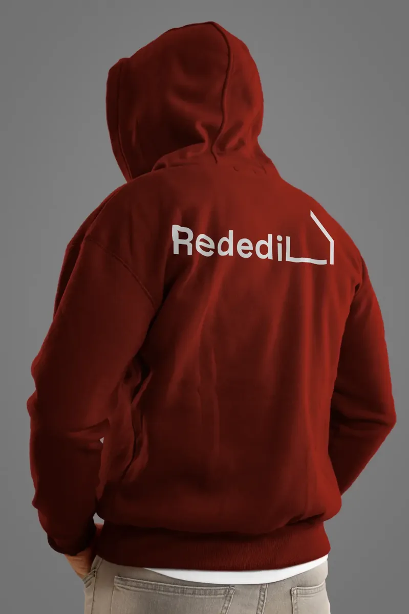 Felpa Rededil vista di spalle, con il logo stampato in bianco sulla schiena