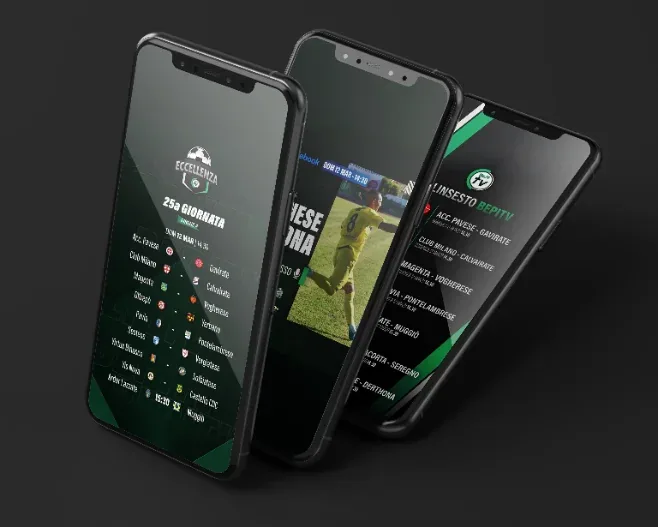 Tre smartphone affiancati con le grafiche broadcast di Be Pi TV